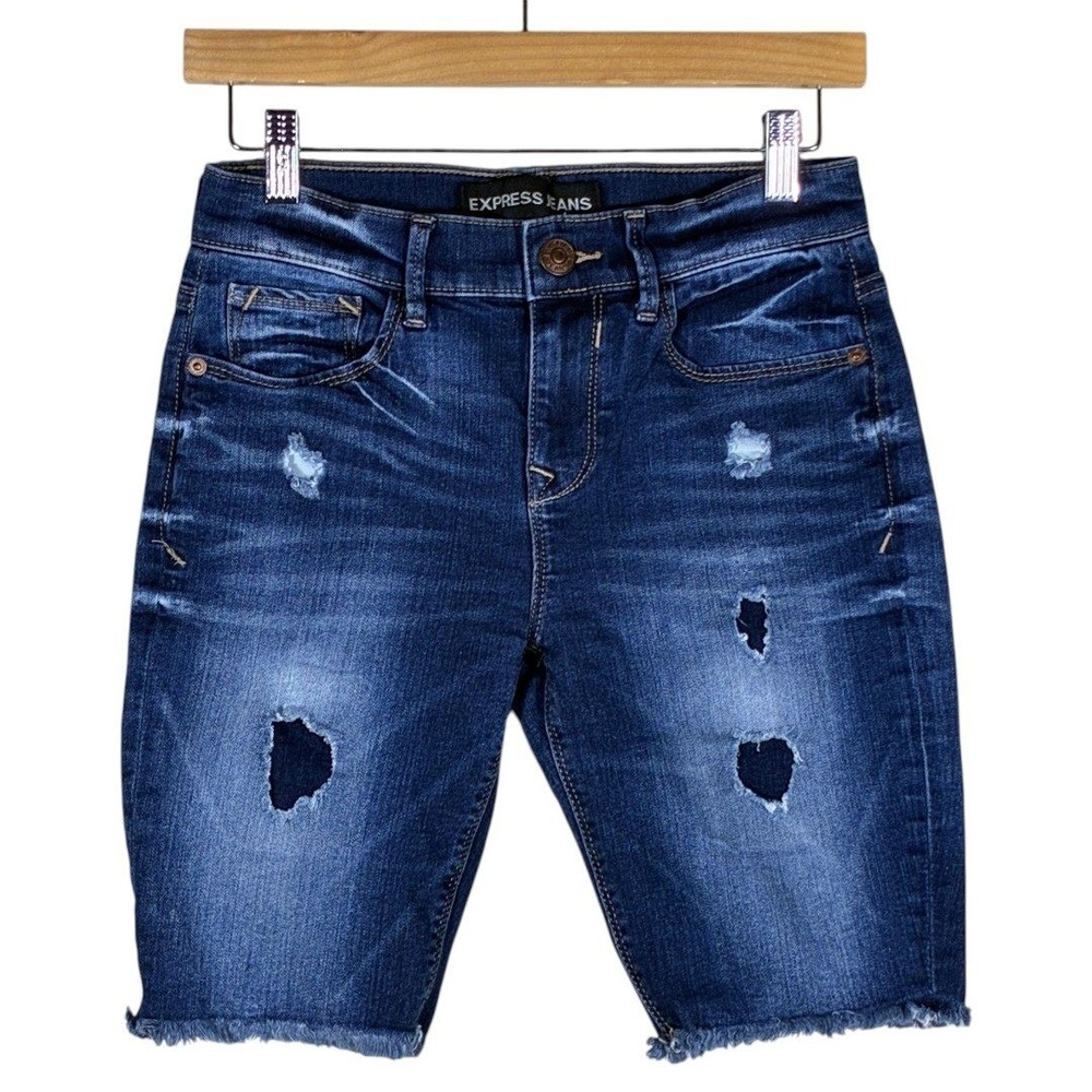 Express Distressed Raw Hem Denim Bermuda Shorts Dark Wash Edgy Casual Size 2
